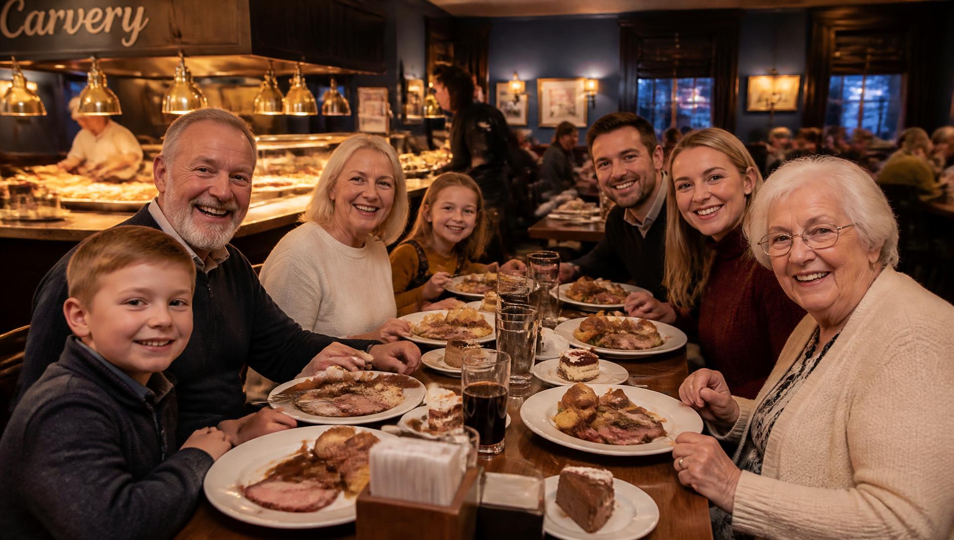 Family enjoying plates of roast beef and desserts together at Buffet Royale Carvery
